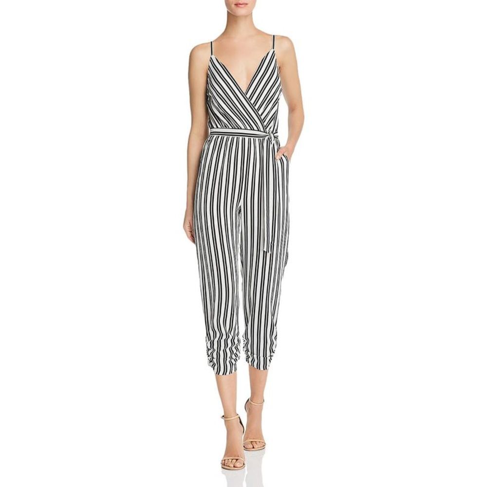 Aqua Womens B/W V-Neck Stripped Tie Front Jumpsuit NWT